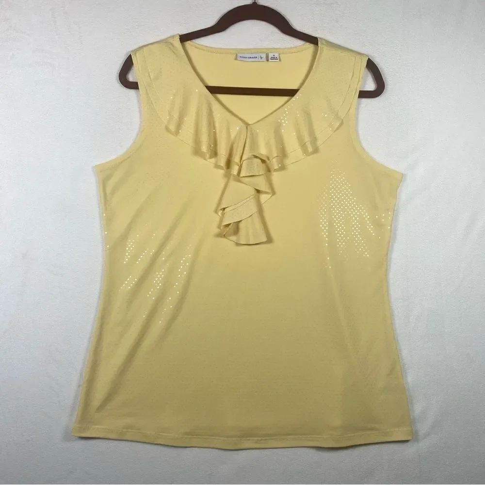 Susan Graver Bright Yellow Sleeveless Ruffle Neck Top Size Medium